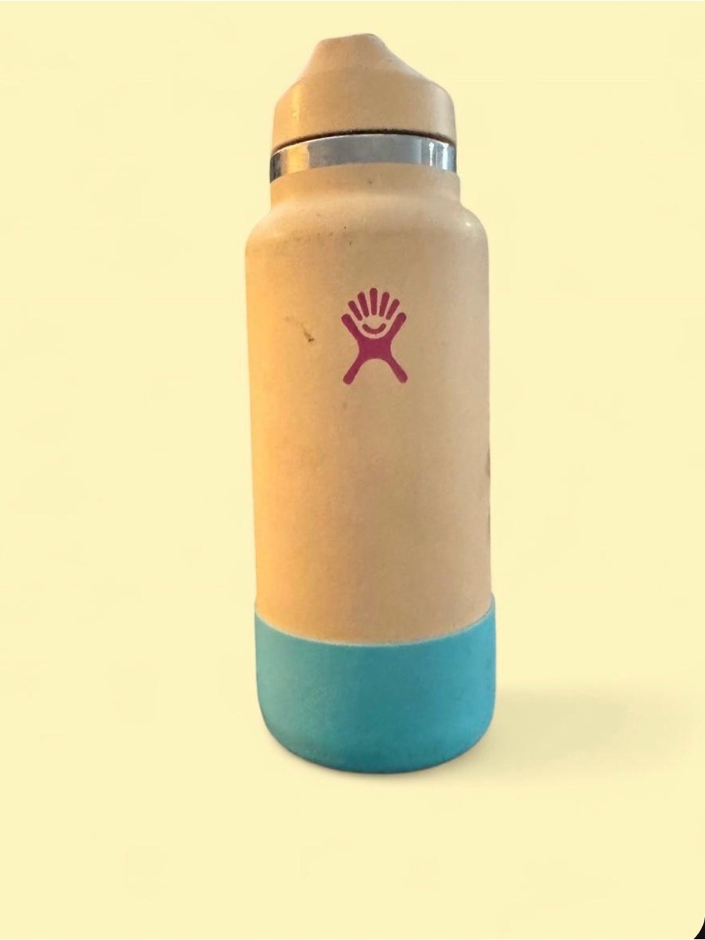 Hydro Flask Cream Bottle with Turquoise Base and Pink Logo